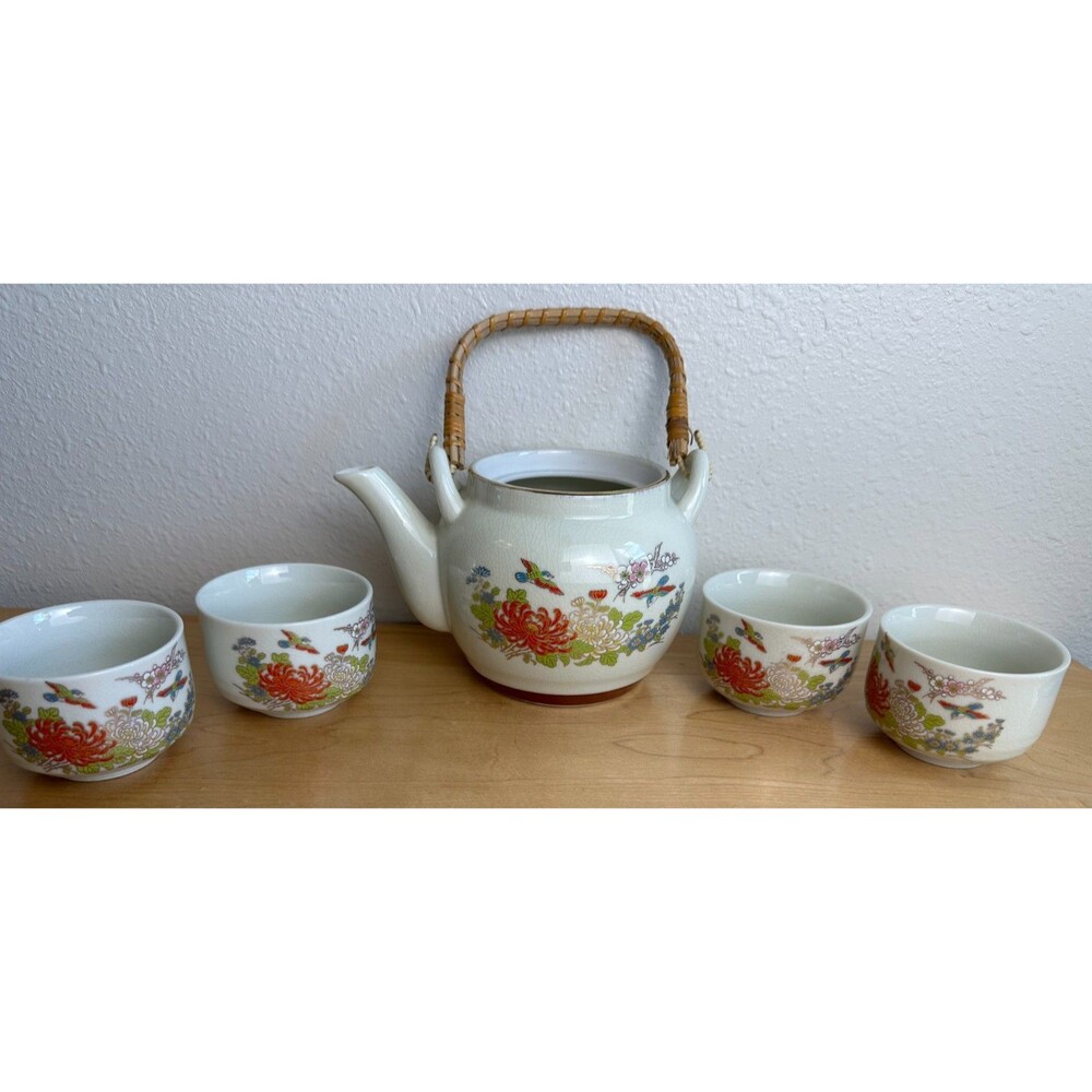 Vintage OMC Japan Tea Set Teapot & 4 Cups Floral Bird Design No Lid